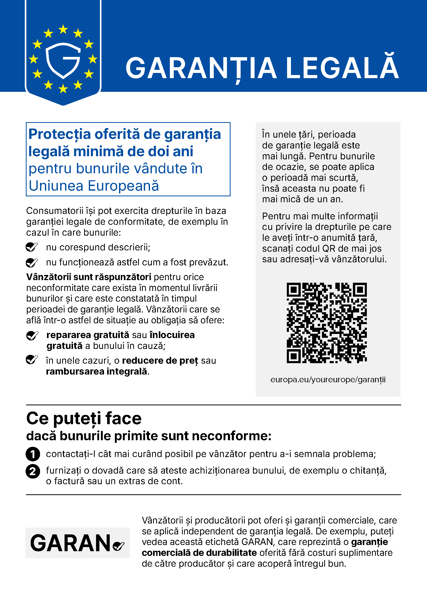 Notificarea UE privind garanția legală: protecția oferită de garanția legală minimă de doi ani pentru bunurile vândute în Uniunea Europeană